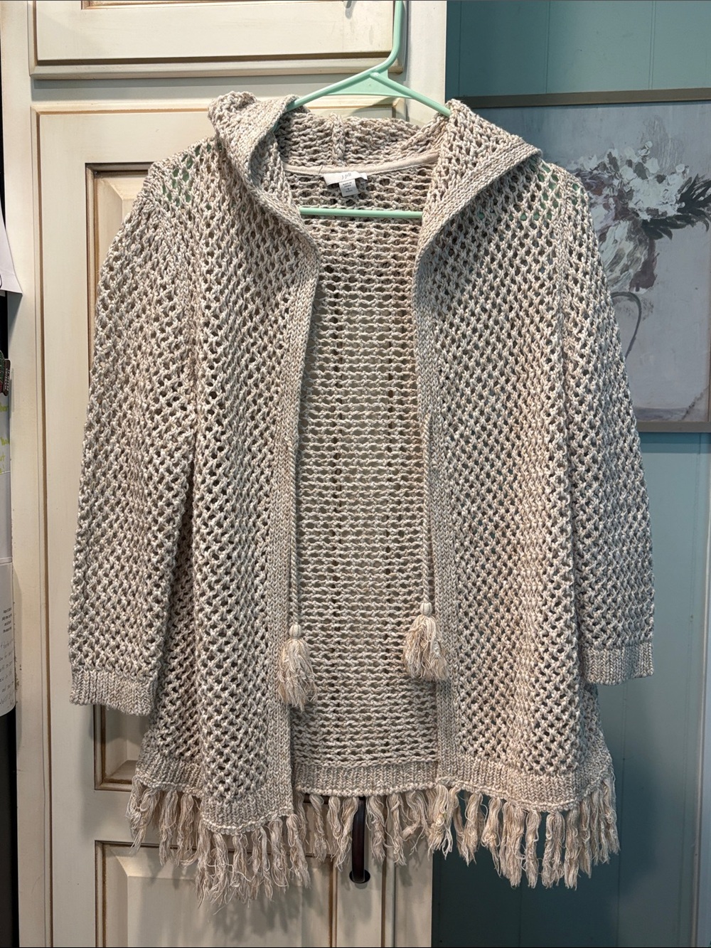 J. Jill Cream And Tan Open-Knit Hooded Fringe Cardigan Women’s Petite Small